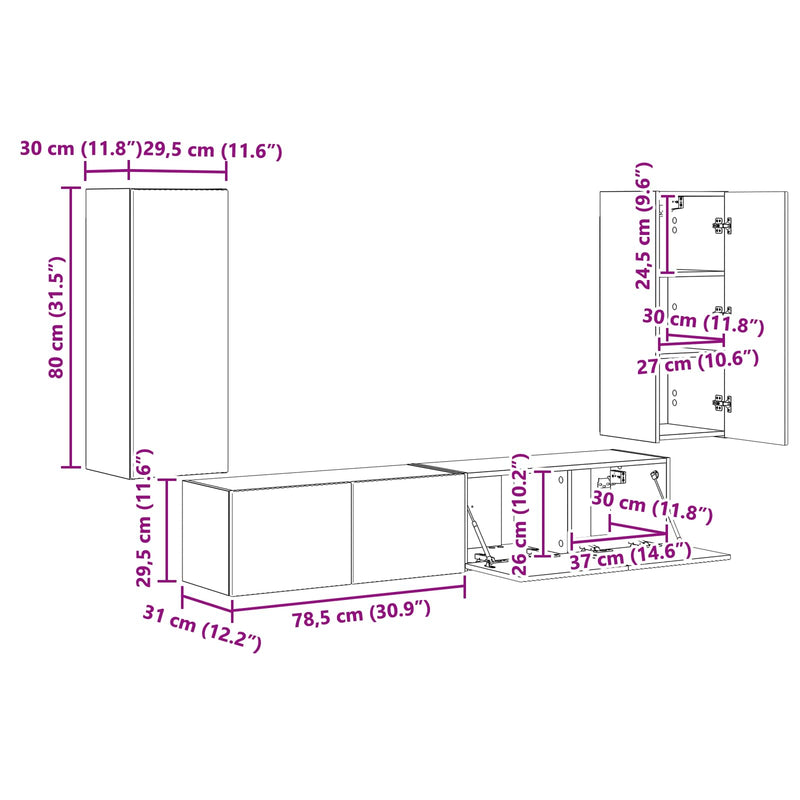 vidaXL TV Wall Cabinet Set Wall-mounted 4 pcs White Engineered Wood