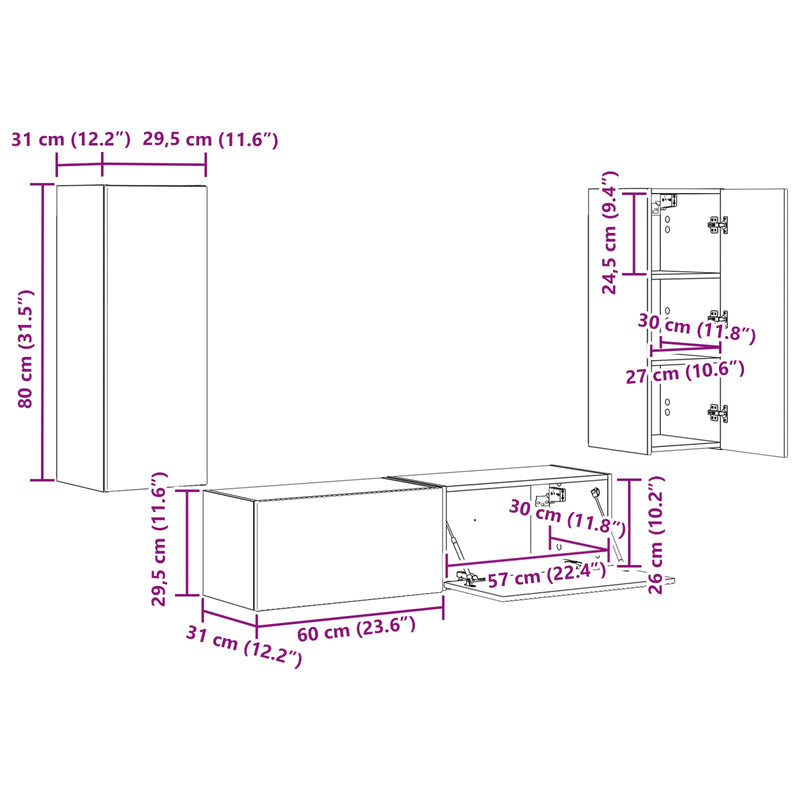 vidaXL TV Cabinet Set Wall-mounted 2 pcs White Engineered Wood