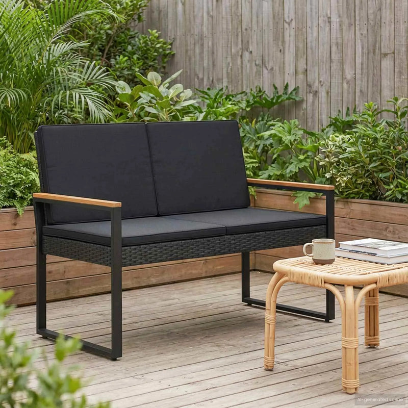 Outdoor Bench with Cushion Black 107 x 61 x 80 cm Poly Rattan
