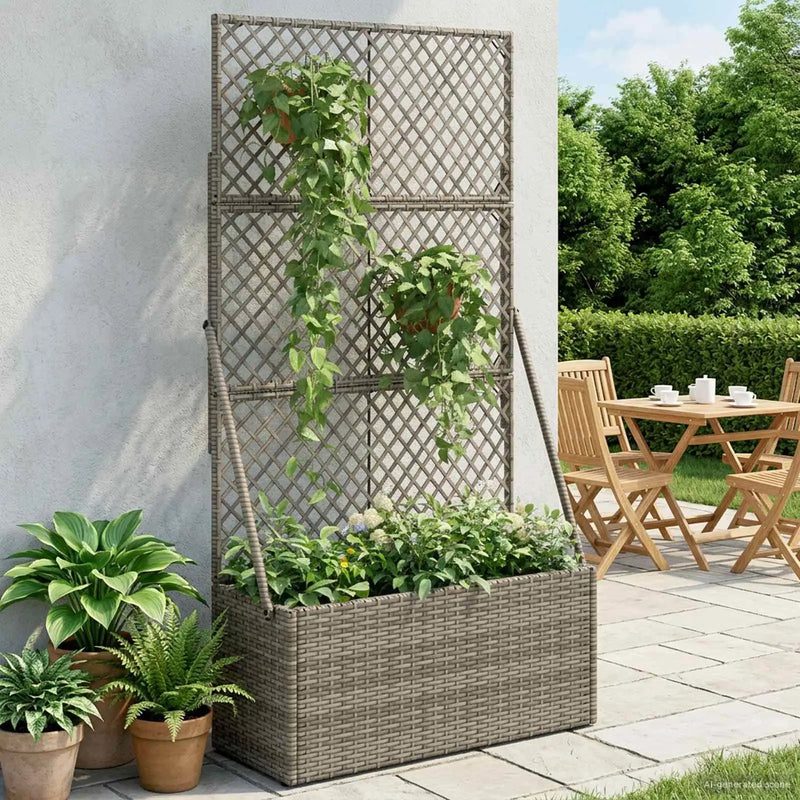 Garden Planter with Trellis Grey 70 x 30 x 135 cm Poly Rattan