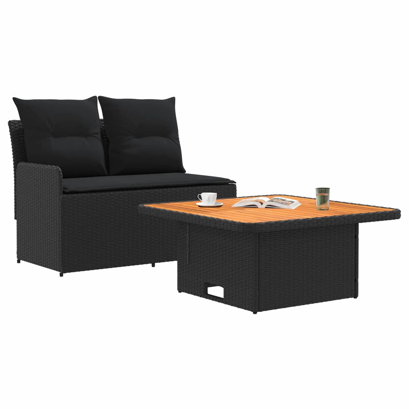 Garden Armrest Sofa with Liftup Table 2 Piece Black PE Rattan