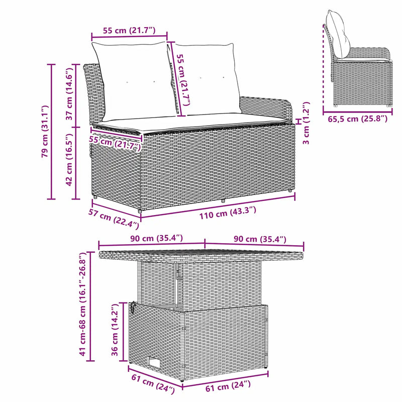 Garden Armrest Sofa with Liftup Table 2 Piece Black PE Rattan
