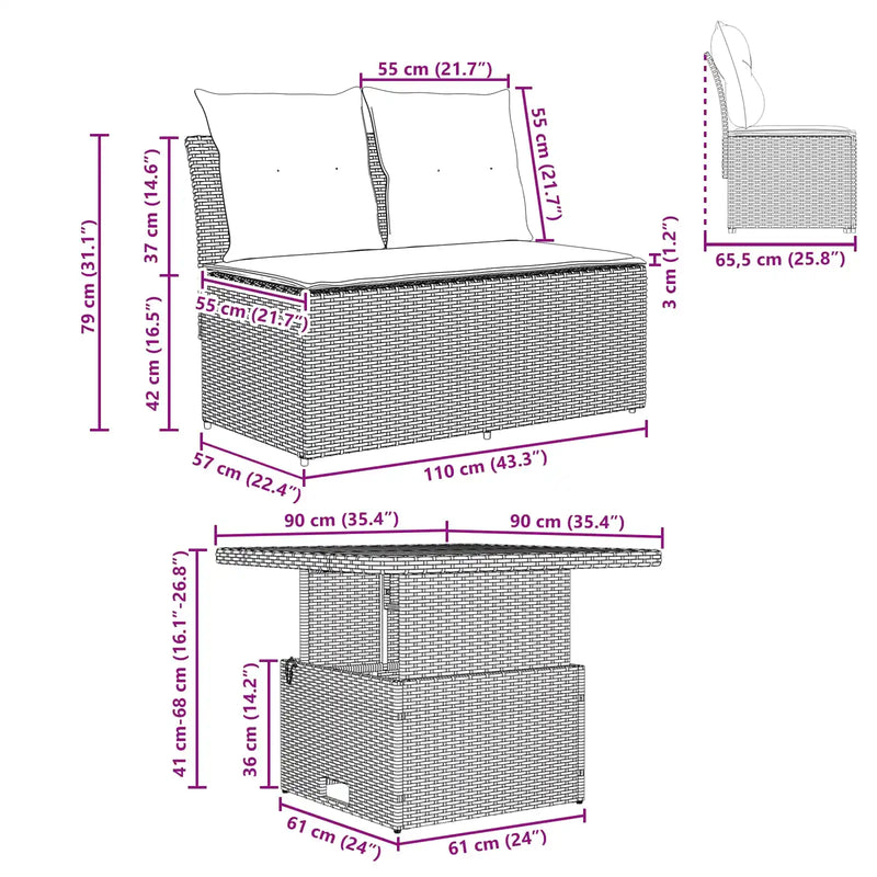 2 Piece Garden middle sofa with lift-up table Poly Rattan