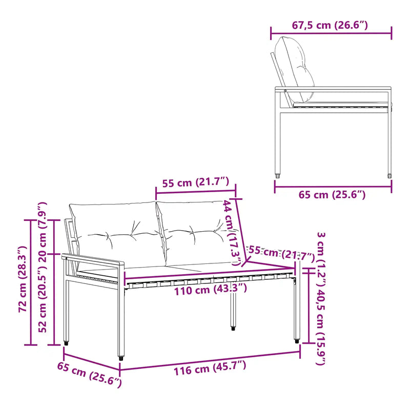 Outdoor Bench 2 -Seater 116 x 67.5 x 72 cm Poly Rattan