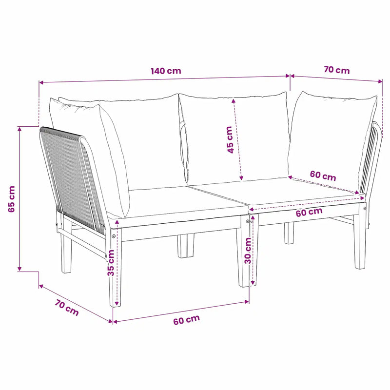 2 pcs Garden Lounge Set Solid Acacia Wood & Rope Natural