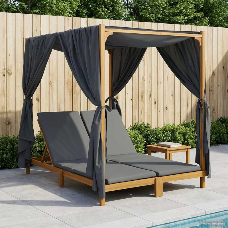 Double Sun Lounger with Canopy and Curtains Solid Acacia Wood