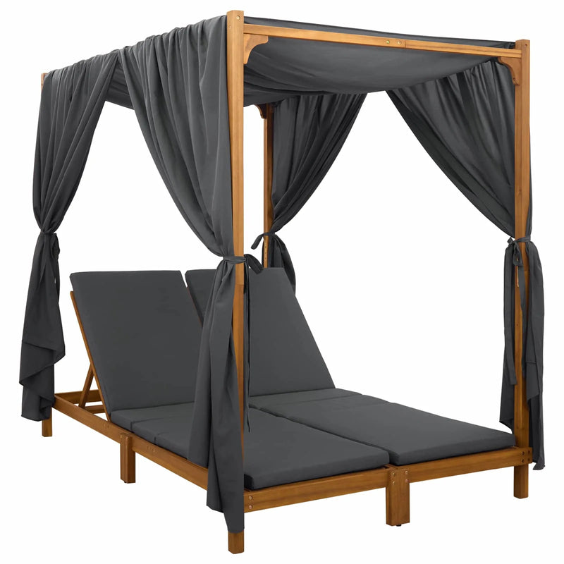 Double Sun Lounger with Canopy and Curtains Solid Acacia Wood