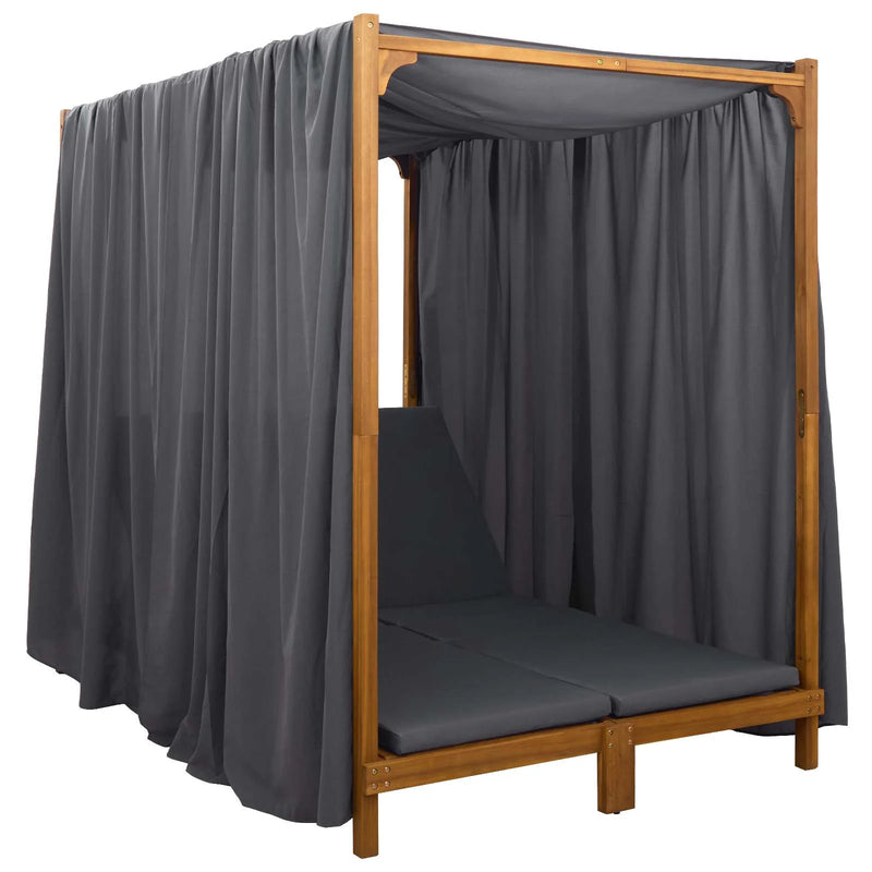 Double Sun Lounger with Canopy and Curtains Solid Acacia Wood
