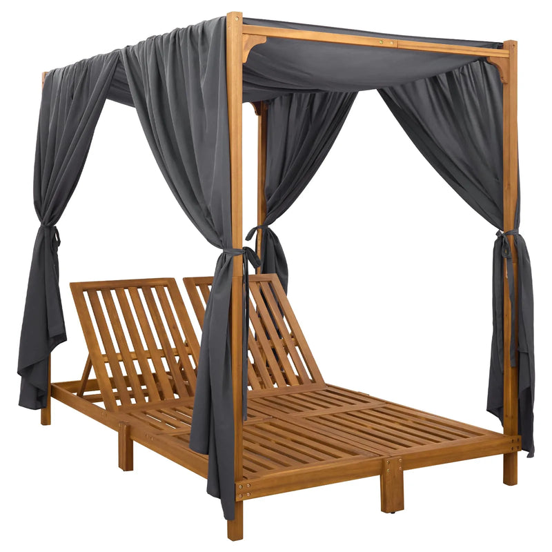 Double Sun Lounger with Canopy and Curtains Solid Acacia Wood