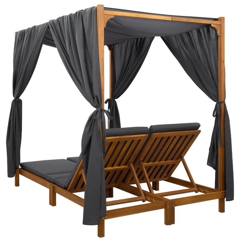 Double Sun Lounger with Canopy and Curtains Solid Acacia Wood
