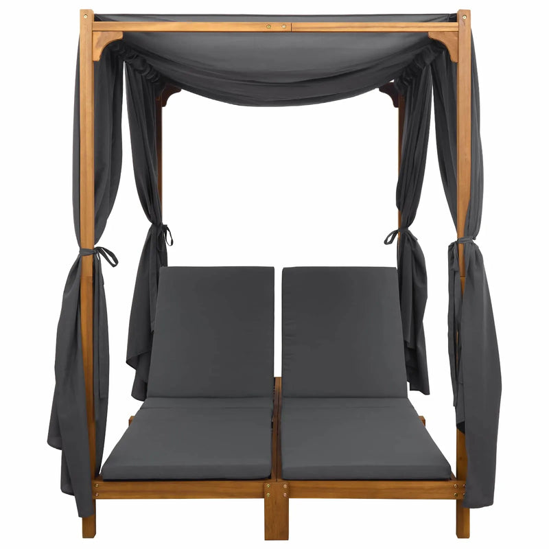 Double Sun Lounger with Canopy and Curtains Solid Acacia Wood