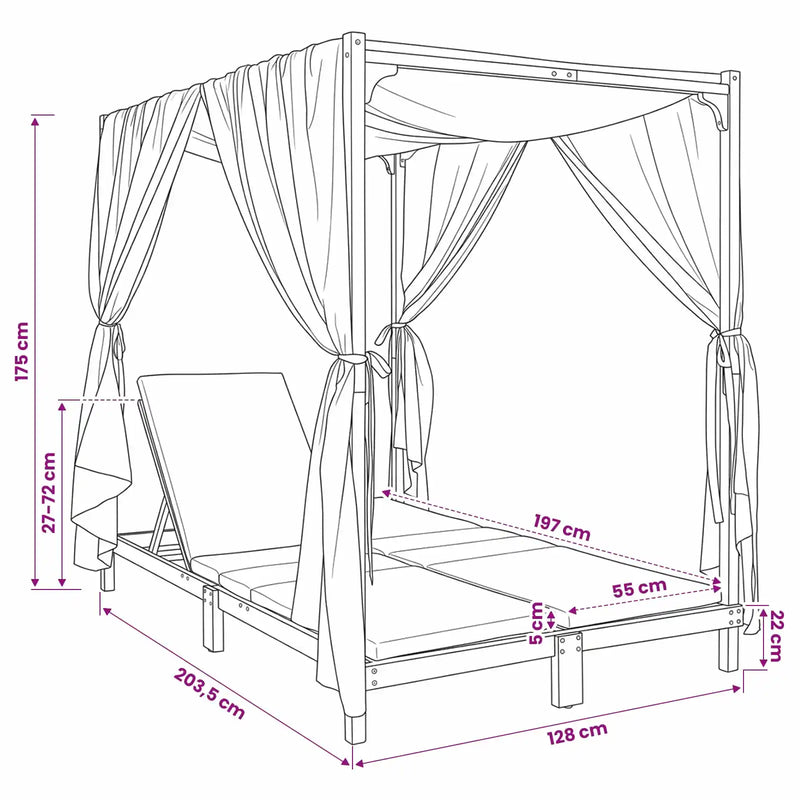 Double Sun Lounger with Canopy and Curtains Solid Acacia Wood