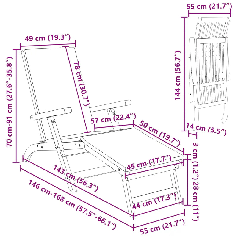 Reclining and Folding Sunlounger 55 x 146 x 91 cm
