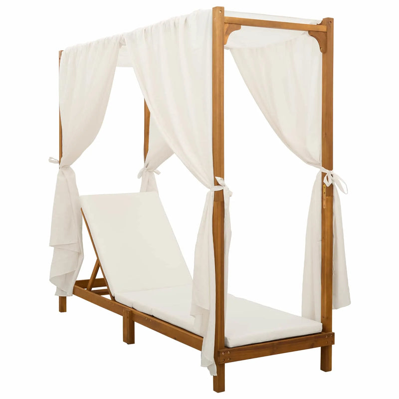 Single Sun Lounger with Canopy and Curtains Solid Acacia Wood