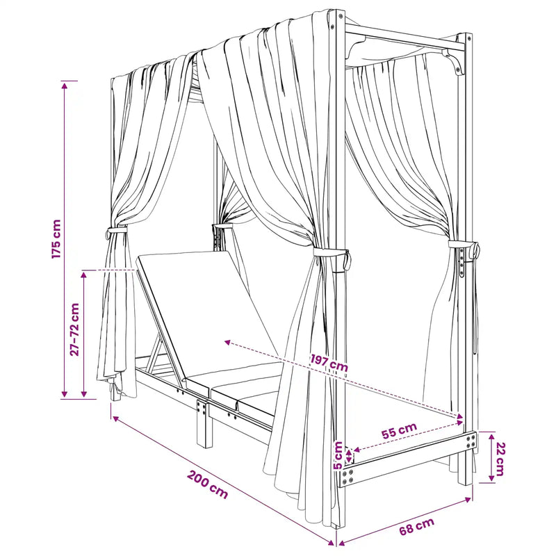 Single Sun Lounger with Canopy and Curtains Solid Acacia Wood