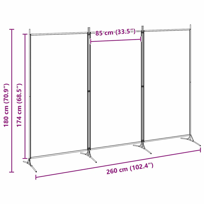 3-Panel Room Divider Beige 260 x 180 cm Fabric