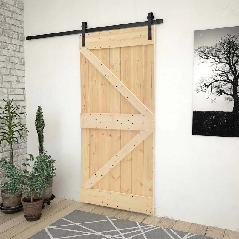 Sliding Door Natural and Black 90 x 210 cm Solid Pine Wood
