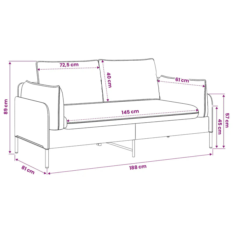 2-Seater Sofa 2-Seater Black 188 x 81 x 89 cm Velvet