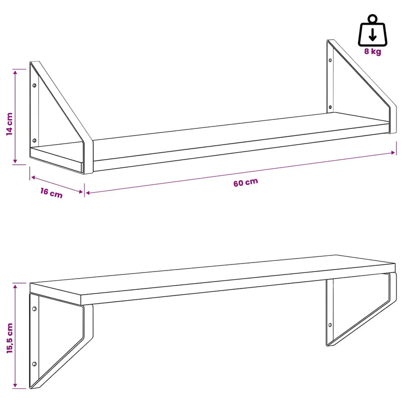 Wall Shelves 2 pcs White 60 x 16 x 15.5 cm