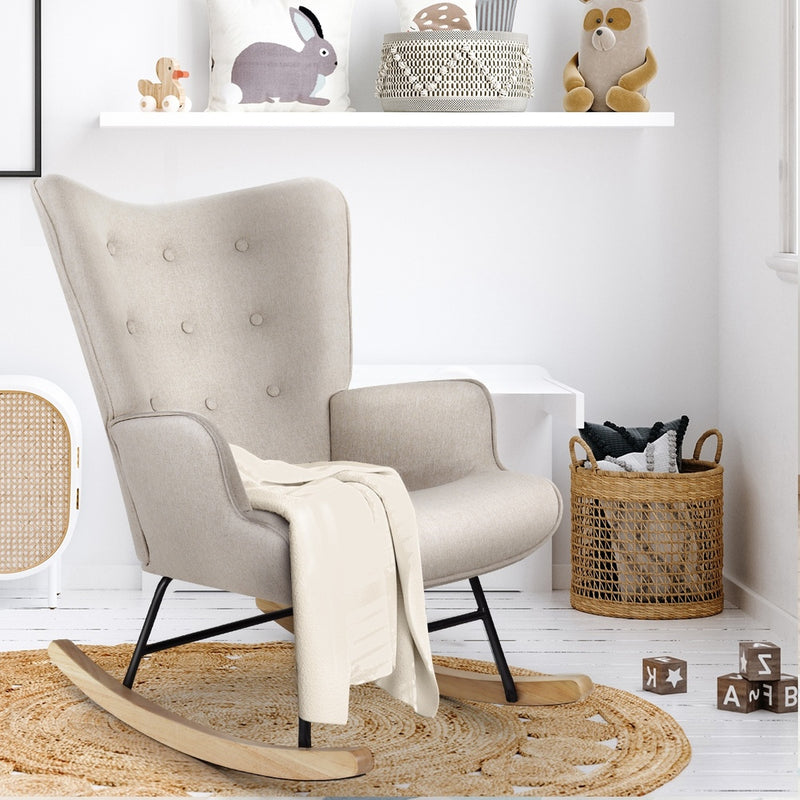 Oikiture Rocking Chair Nursing Armchair Velvet Accent Chairs Upholstered Beige