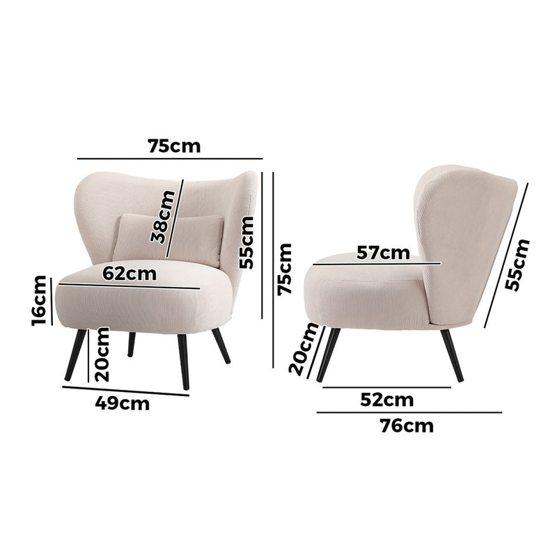Oikiture Armchair with Lumbar Pillow Wingback Velvet Beige