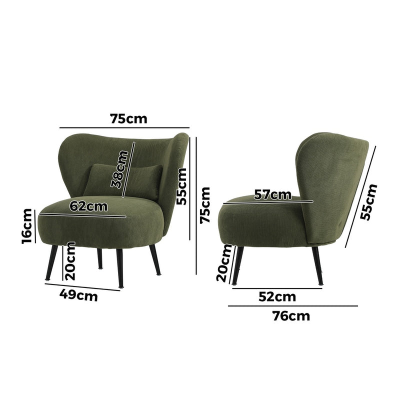 Oikiture 2x Armchair with Lumbar Pillow Wingback Velvet Green