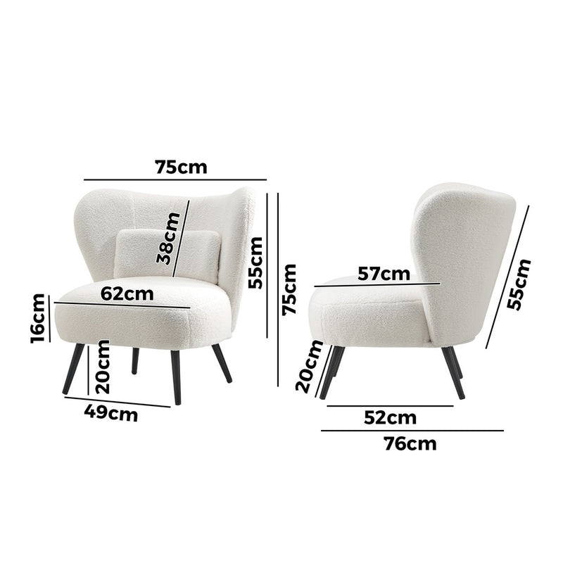 Oikiture 2x Armchair with Lumbar Pillow Wingback Boucle White