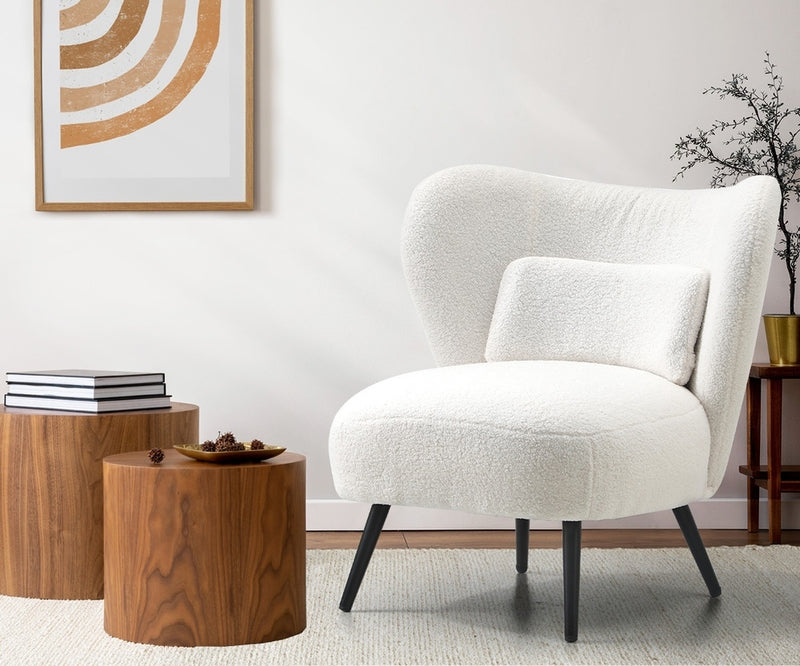 Oikiture 2x Armchair with Lumbar Pillow Wingback Boucle White