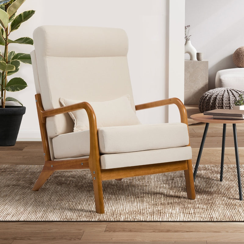 Oikiture Armchair Linen Fabric Lounge Chair with Lumbar Pillow Beige