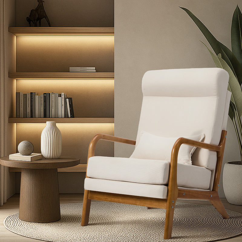 Oikiture Armchair Linen Fabric Lounge Chair with Lumbar Pillow Beige