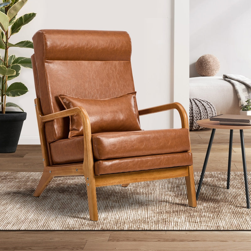 Oikiture Armchair PU Leather Lounge Chair with Lumbar Pillow Brown
