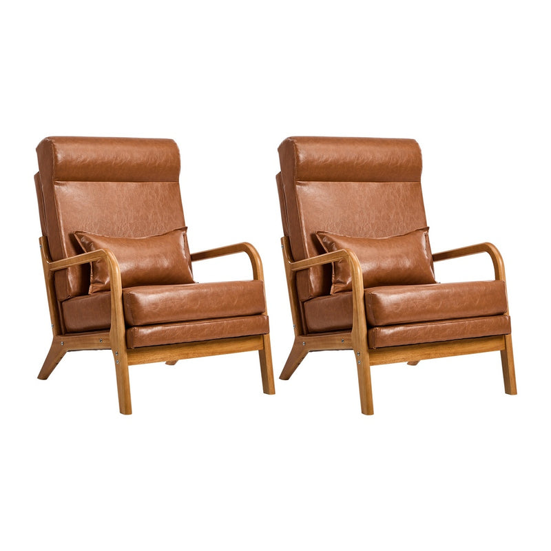 Oikiture 2x Armchair PU Leather Lounge Chair with Lumbar Pillow Brown