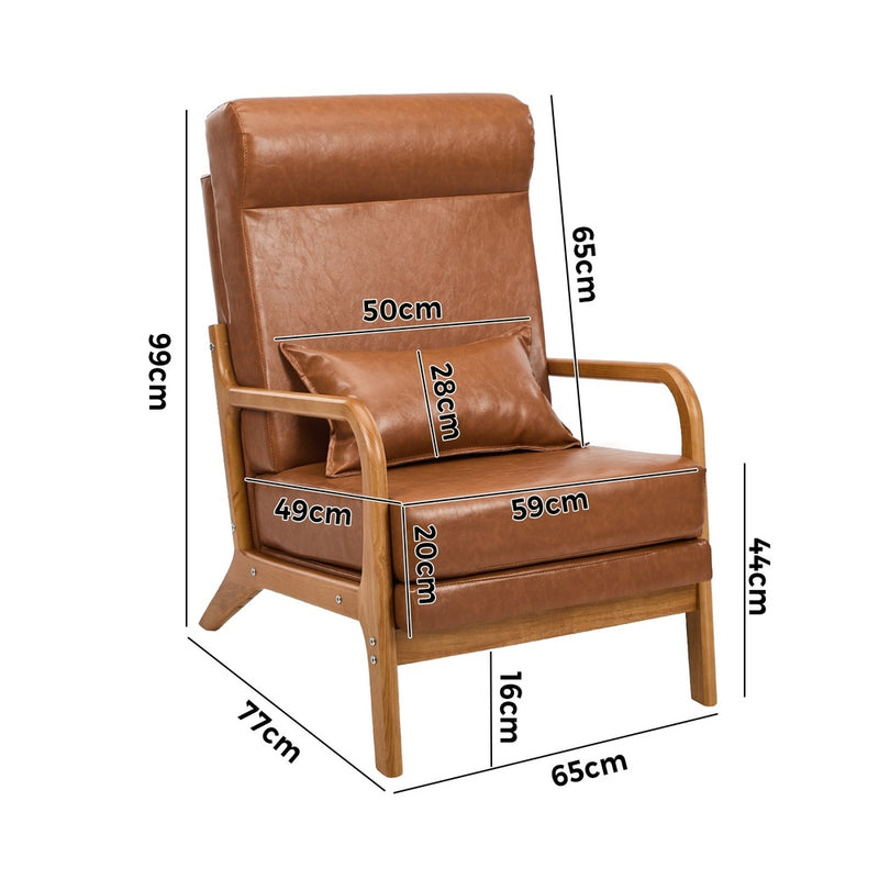 Oikiture 2x Armchair PU Leather Lounge Chair with Lumbar Pillow Brown