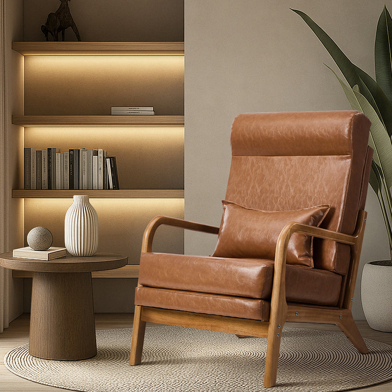 Oikiture 2x Armchair PU Leather Lounge Chair with Lumbar Pillow Brown