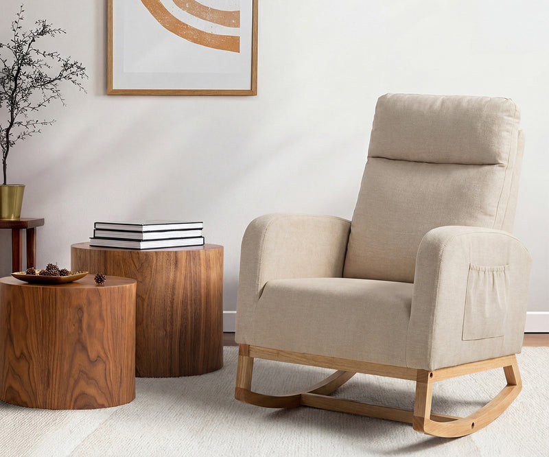 Oikiture Rocking Armchair Linen Fabric Lounge Chair Accent Chair Beige