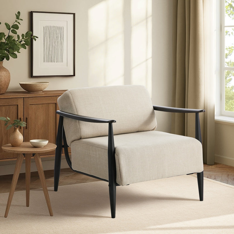 Oikiture Wooden Armchair Lounge Sofa Fabric Accent Armchairs Beige