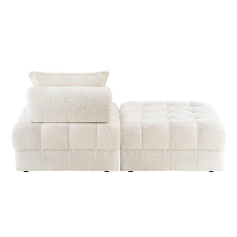 Oikiture 2 Seater Boucle Modular Sofa & Ottoman Set Armless White