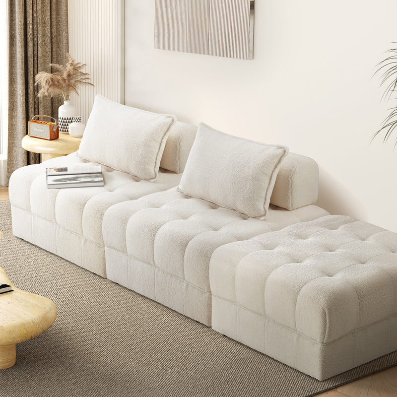 Oikiture 3 Seater Boucle Modular Sofa & Ottoman Set Armless White