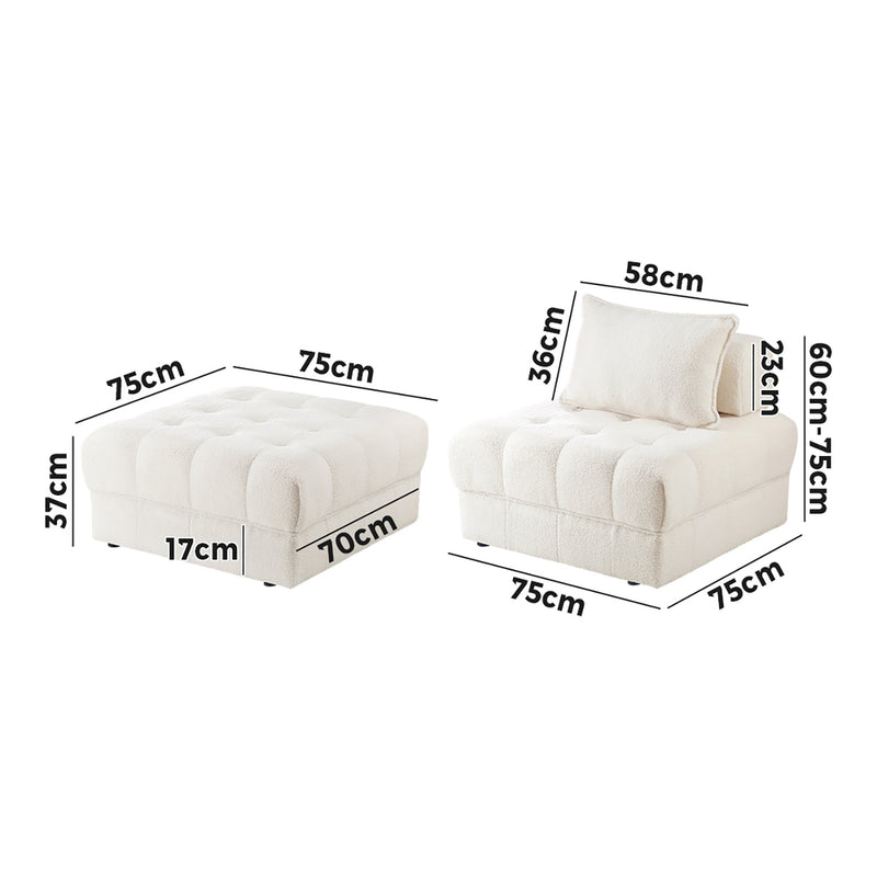 Oikiture 3 Seater Boucle Modular Sofa & Ottoman Set Armless White