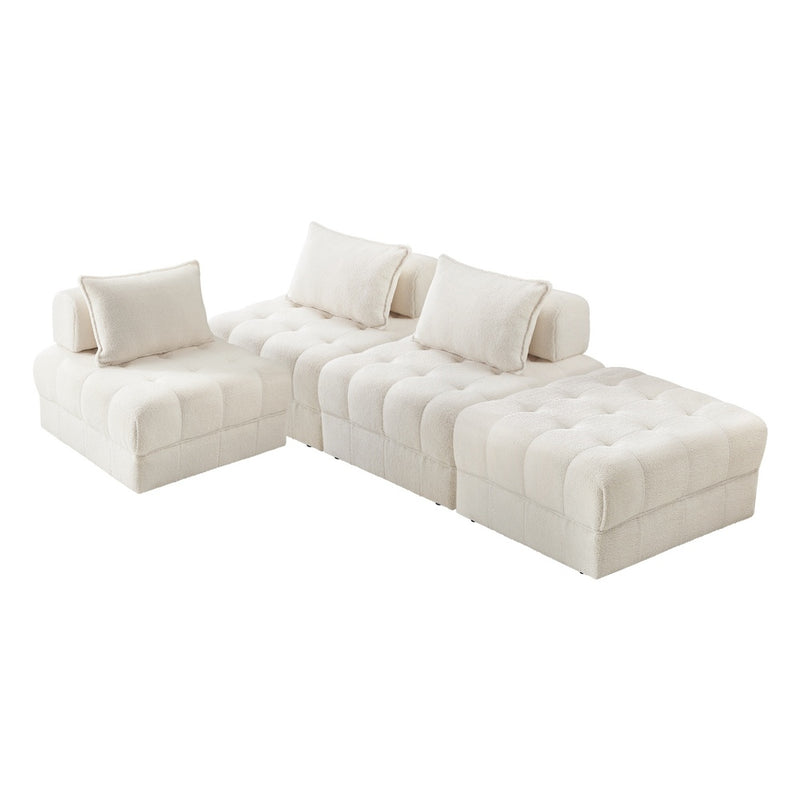 Oikiture 4 Seater Boucle Modular Sofa & Ottoman Set Armless White