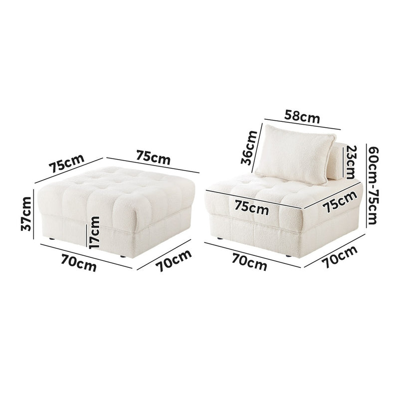 Oikiture 5 Seater Boucle Modular Sofa & Ottoman Set Armless White
