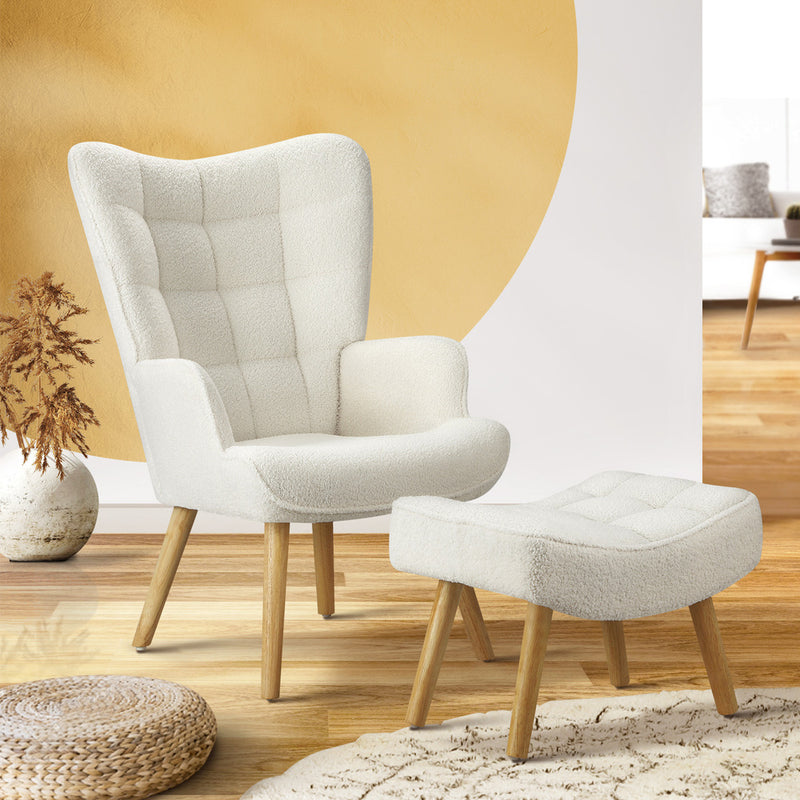 Oikiture Armchair with Footstool Sherpa White