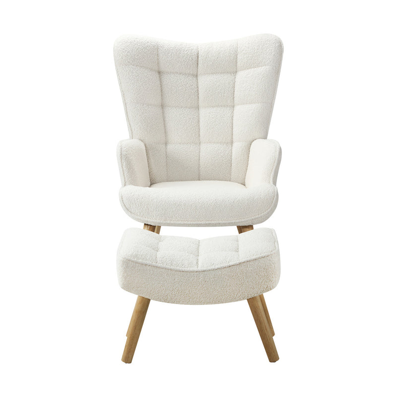 Oikiture Armchair with Footstool Sherpa White