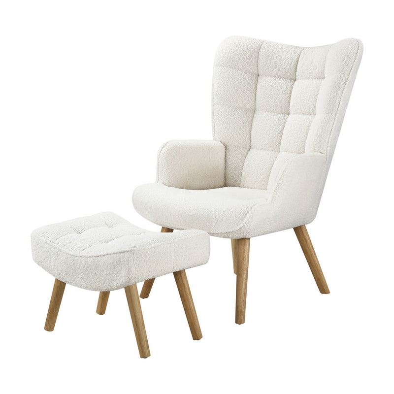 Oikiture Armchair with Footstool Sherpa White