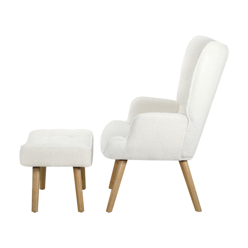 Oikiture Armchair with Footstool Sherpa White