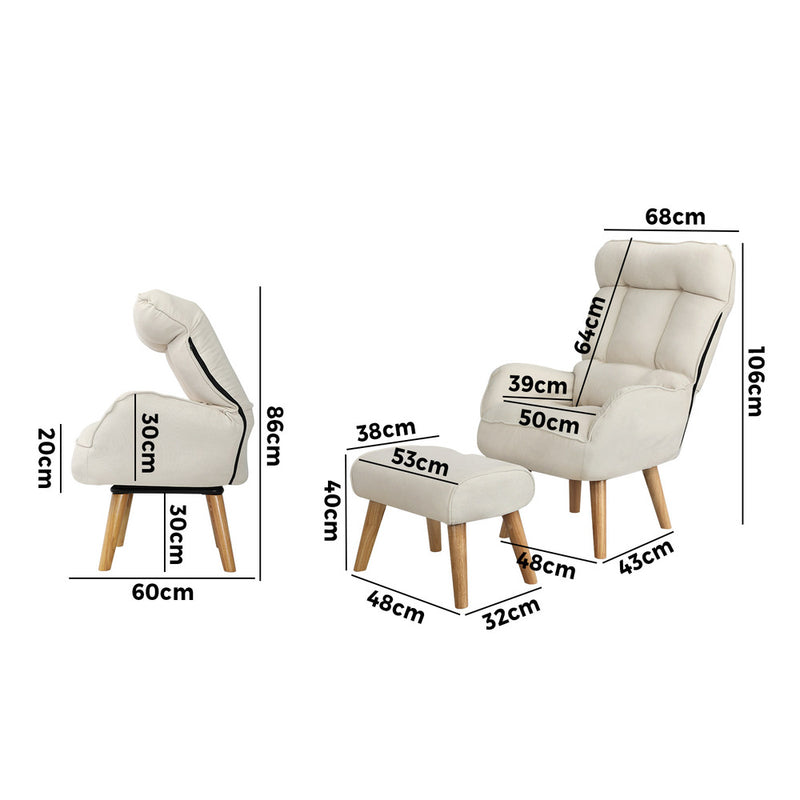 Oikiture Armchair wit Stool 360° Swivel Seat Beige