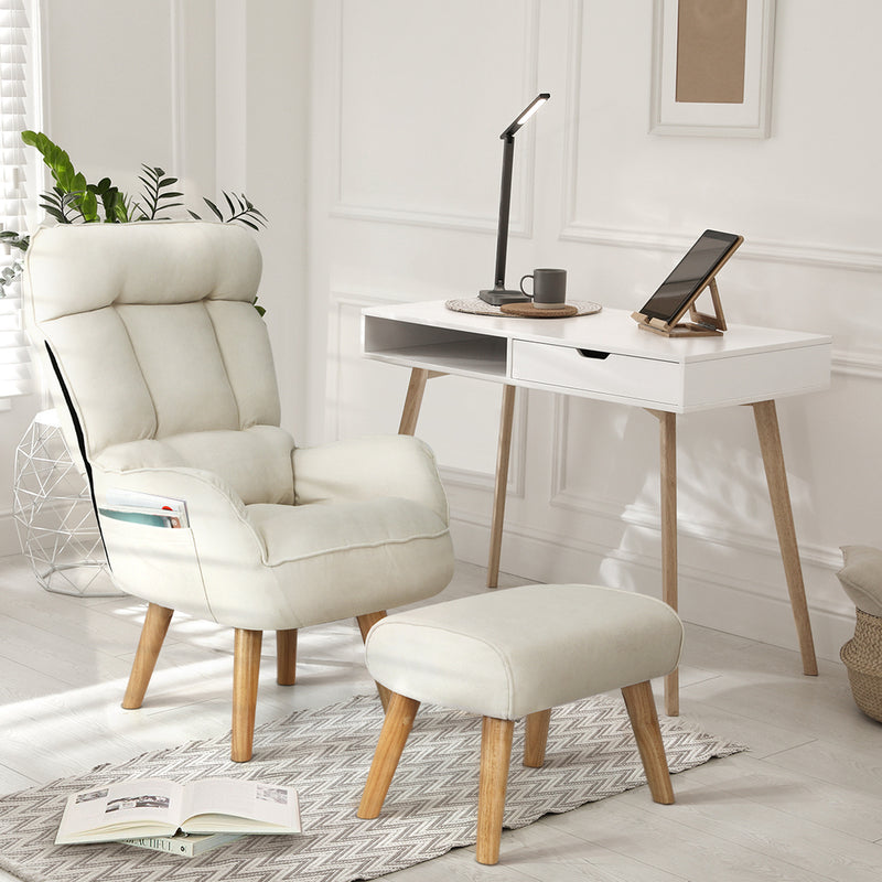 Oikiture Armchair wit Stool 360° Swivel Seat Beige
