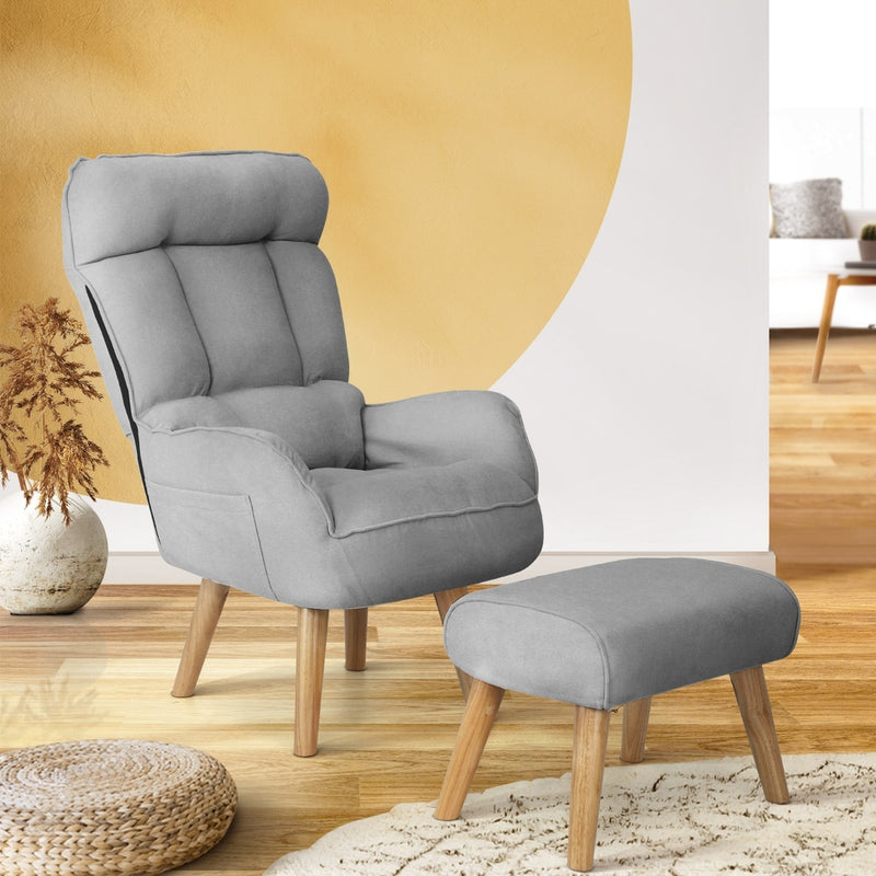 Oikiture Armchair wit Stool 360° Swivel Seat Grey