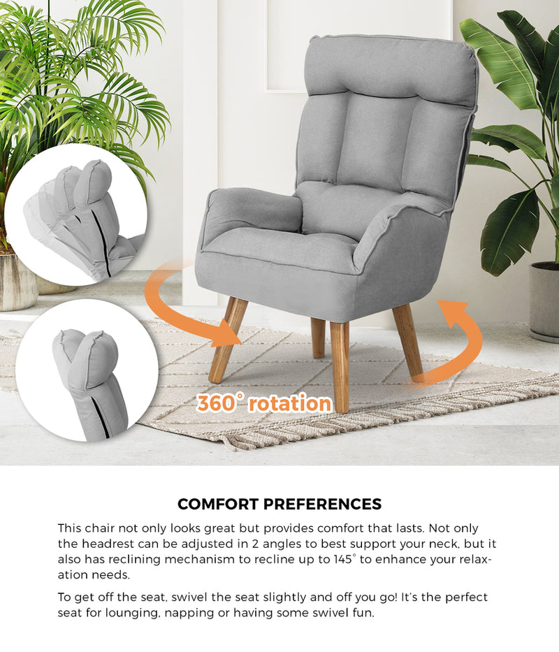 Oikiture Armchair wit Stool 360° Swivel Seat Grey