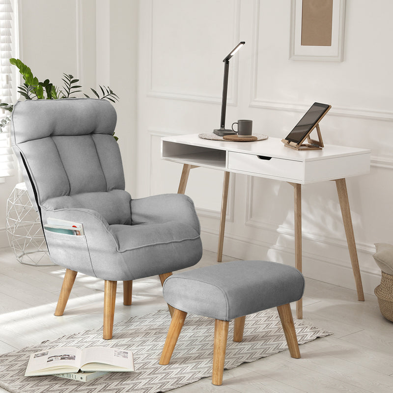 Oikiture Armchair wit Stool 360° Swivel Seat Grey